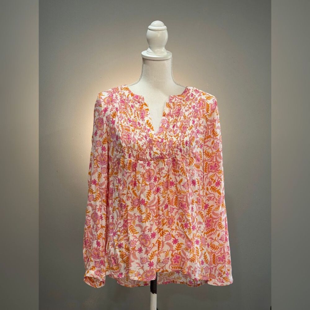 White/Pink Lucky Brand Floral Smocked L/S Top Size L NWT